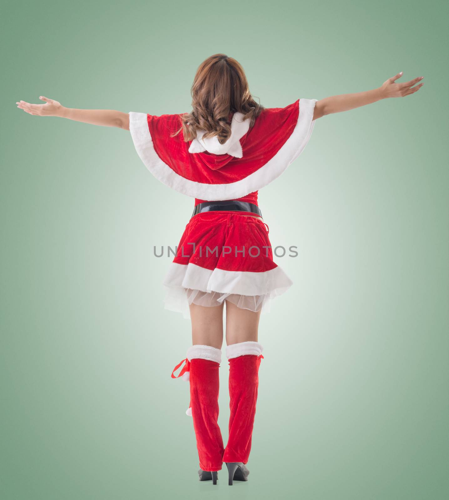 Christmas woman relax, rear view, isolated.