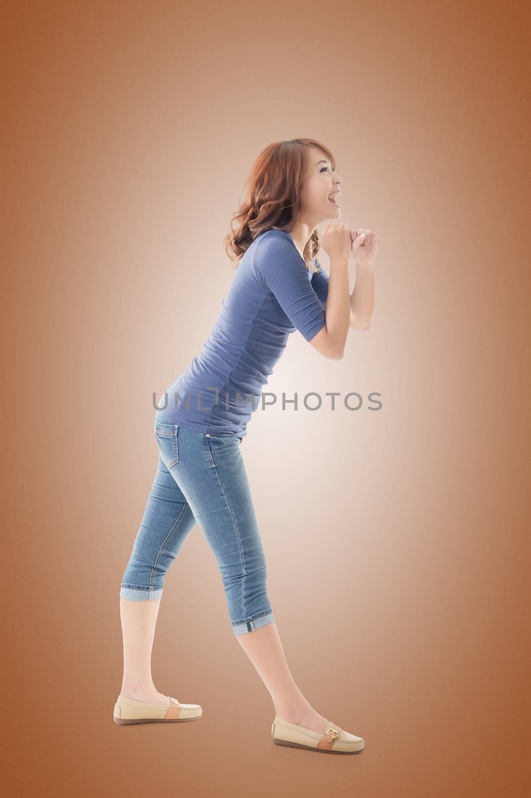Pull pose, full length portrait of Asian isolated.