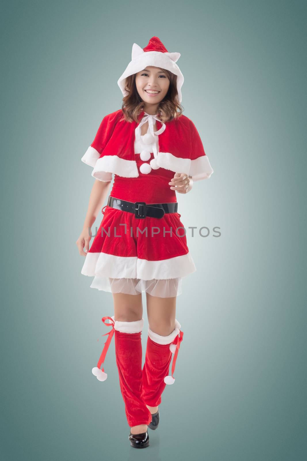 Asian Christmas girl walk, full length portrait.