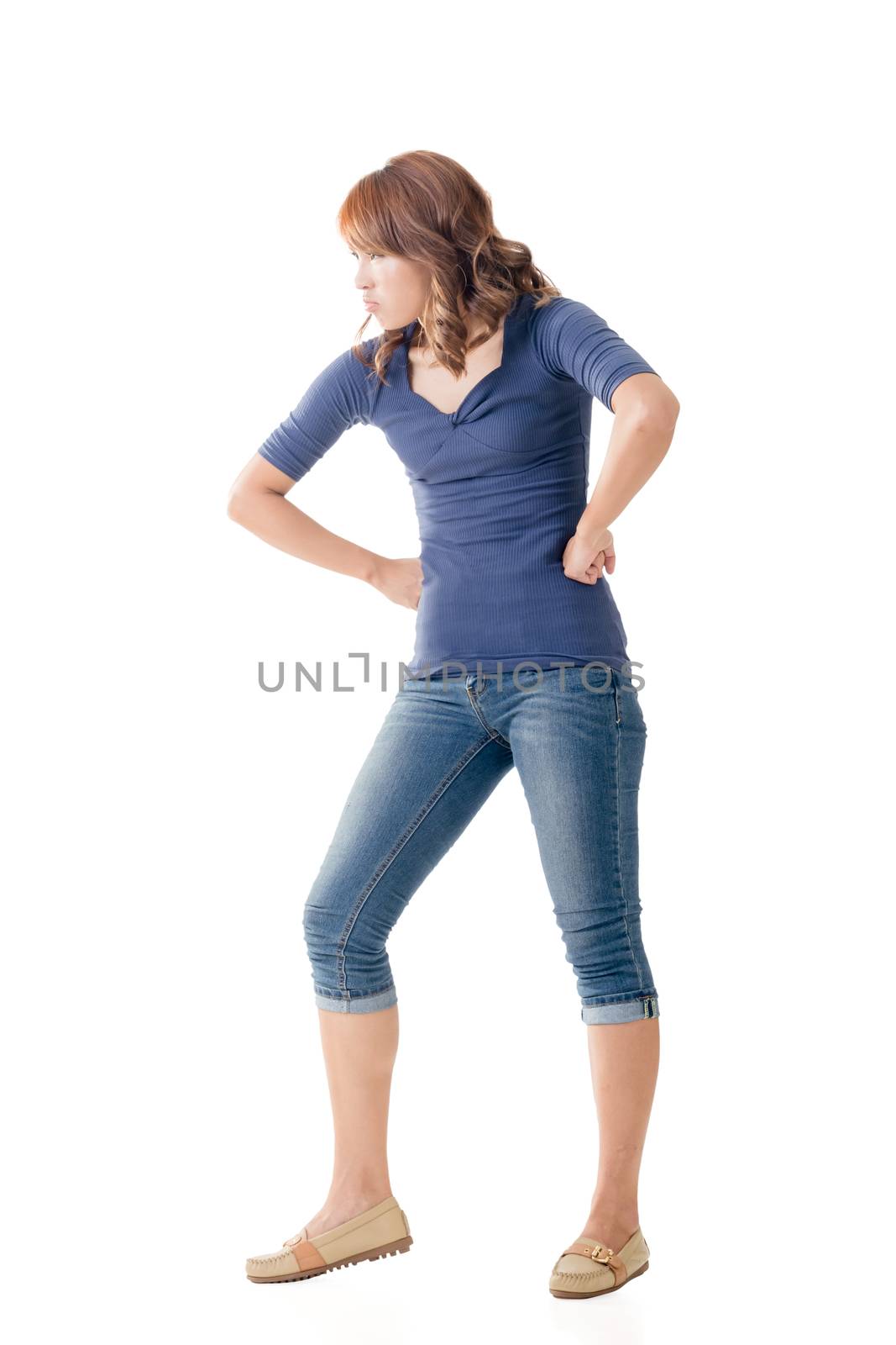 Fighting Asian woman, full length portrait isolated.