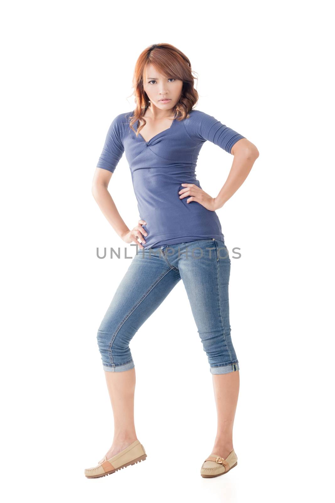 Fighting Asian woman, full length portrait isolated.