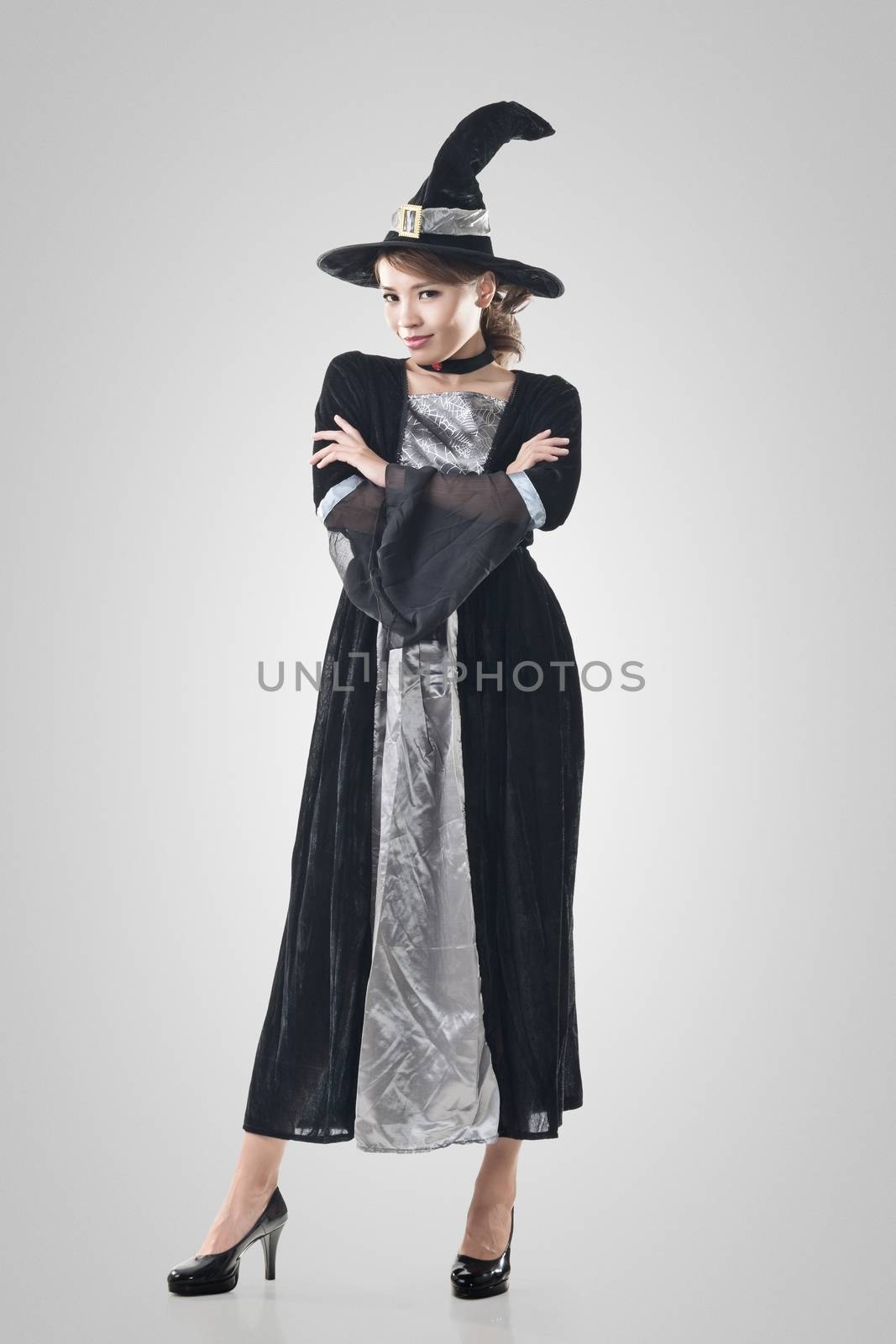 Asian witch woman, full length portrait.