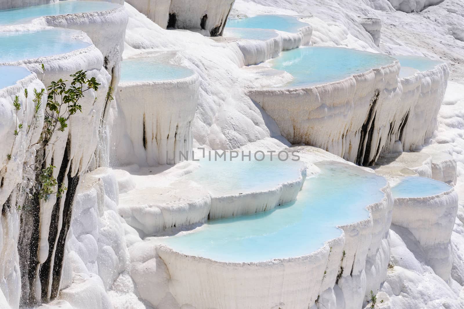 Blue water travertine pools and terraces in Pamukkale, Turkey