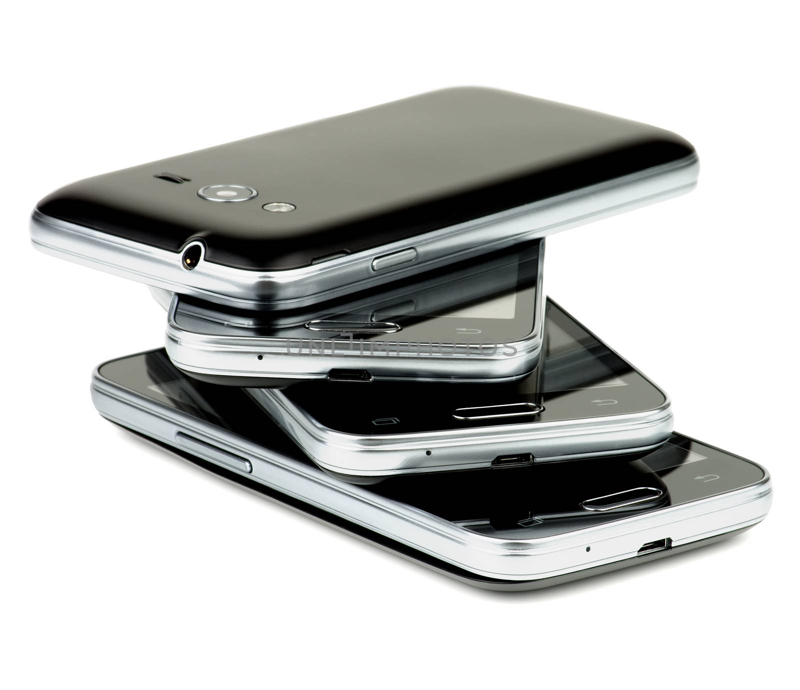 Stack of Contemporary Black Smartphones with Silver Details isolated on white background