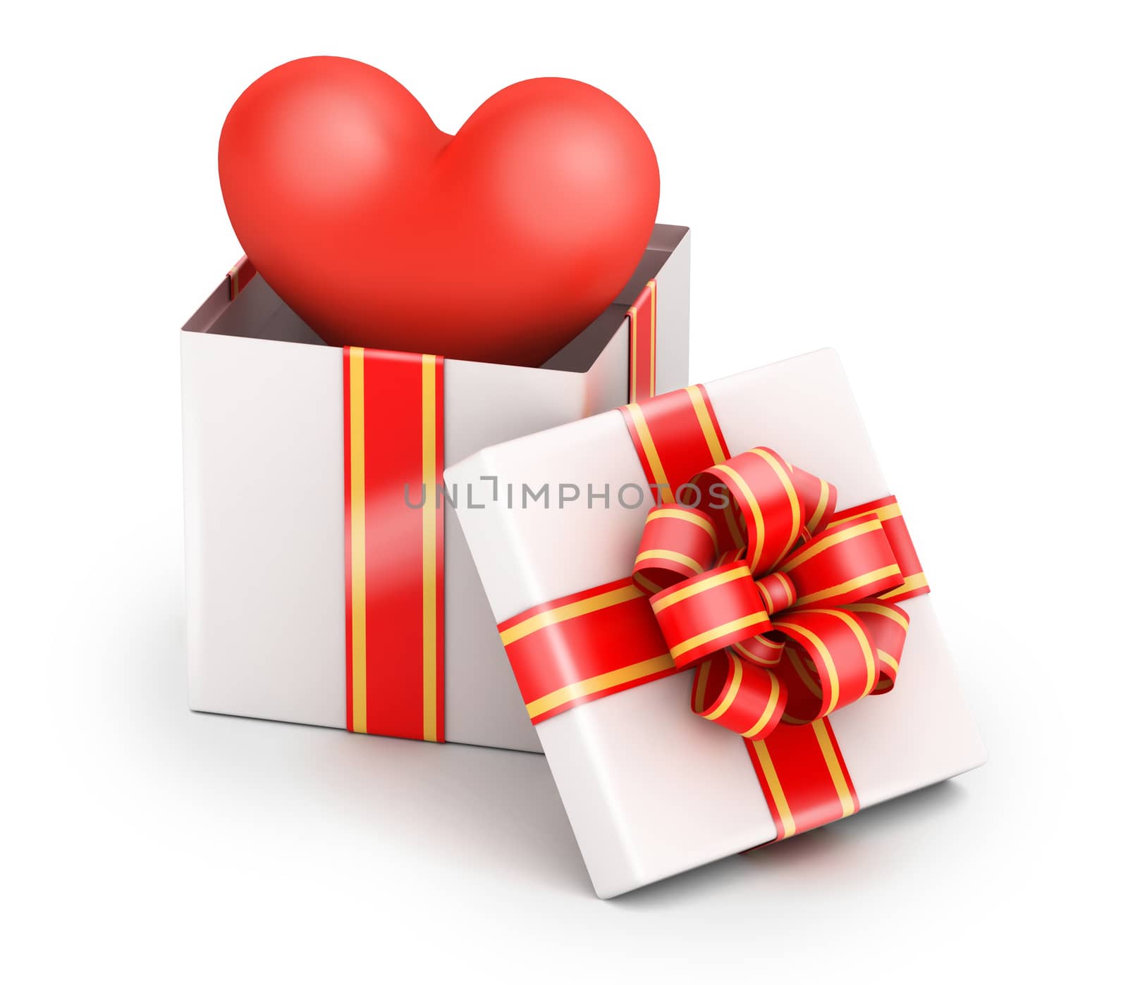 Love from gift box with yellow ribbon on white background