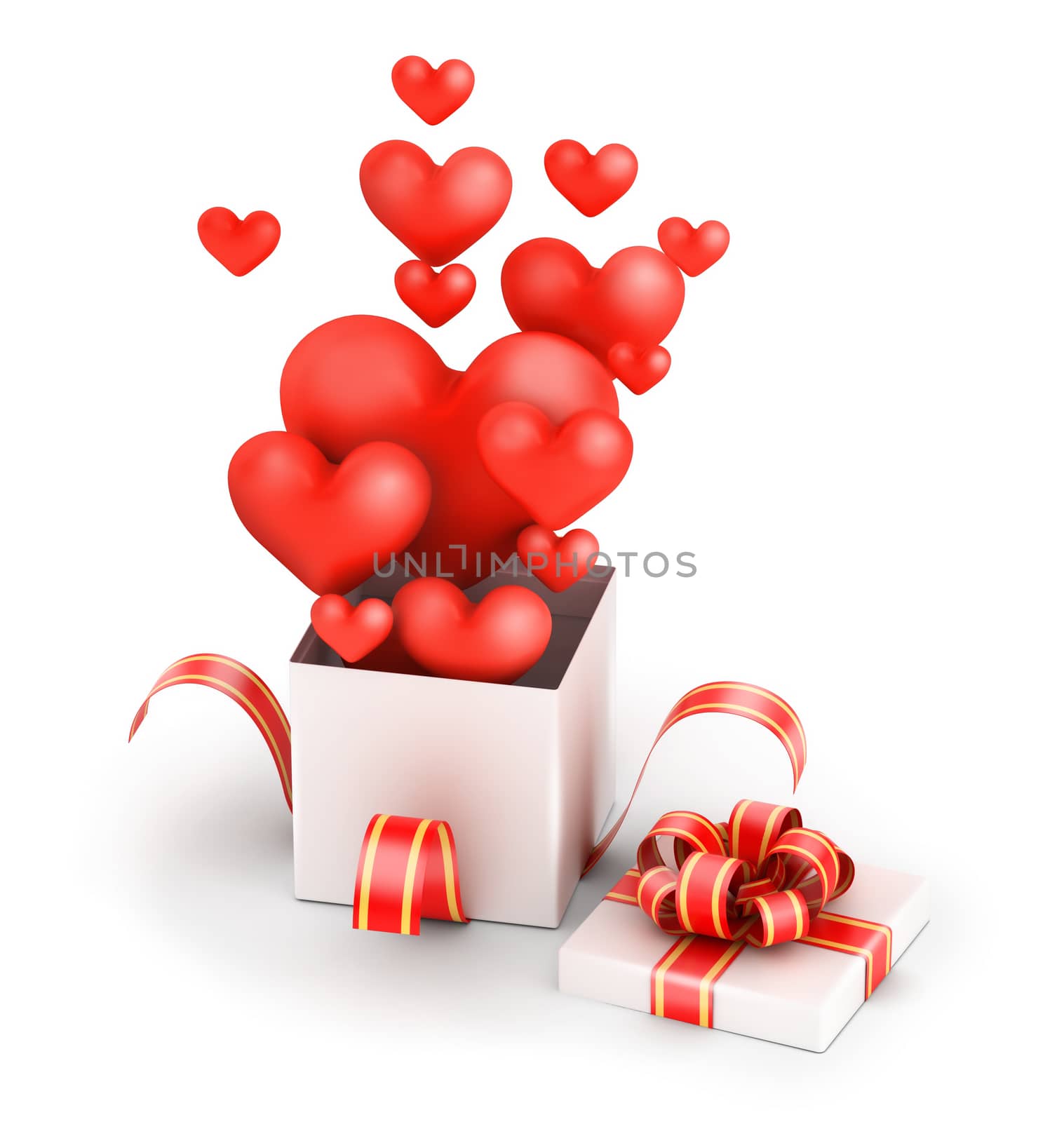 Love hearts from gift box with yellow ribbon on white background