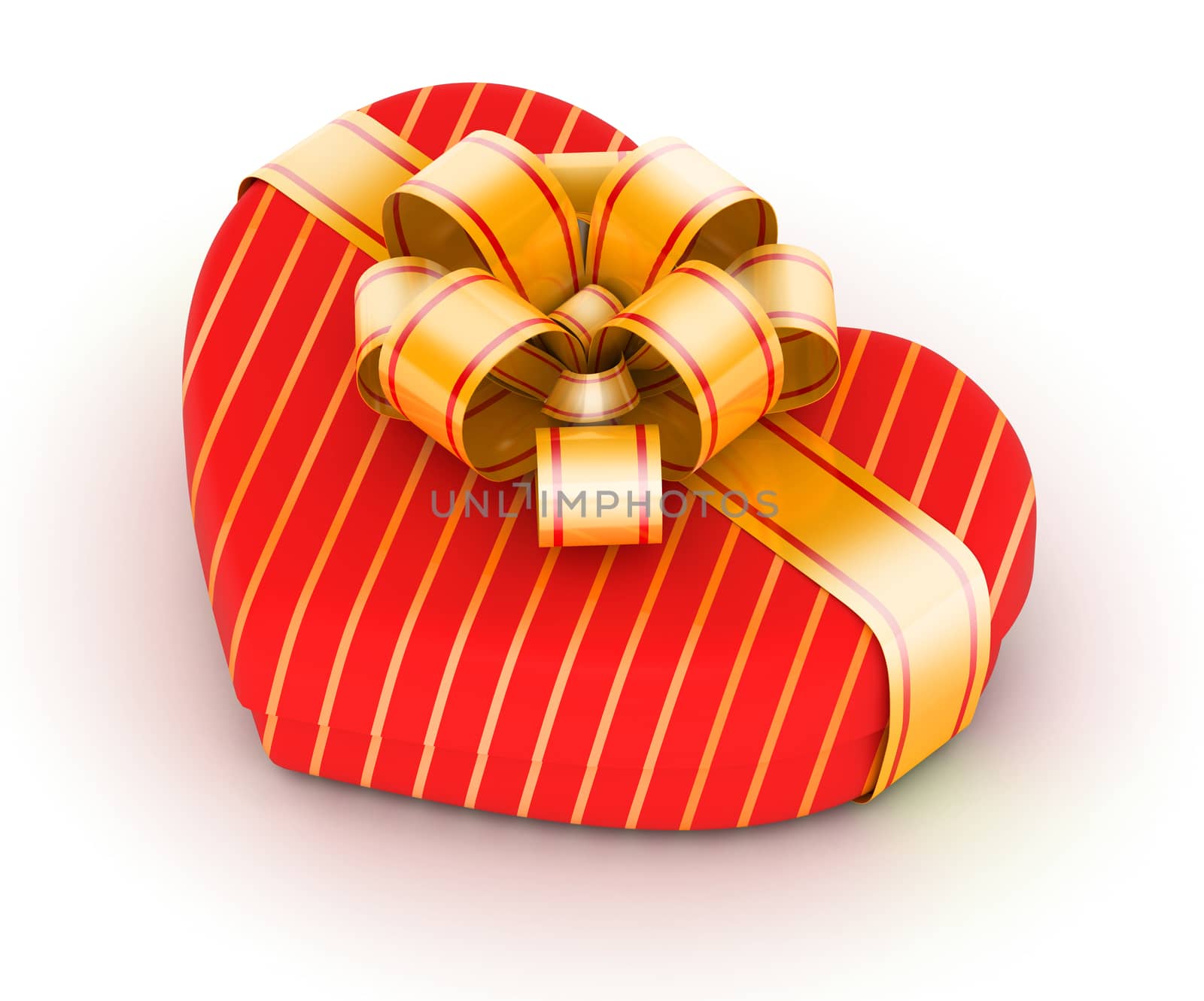 Red heart shaped and striped gift box with red ribbons