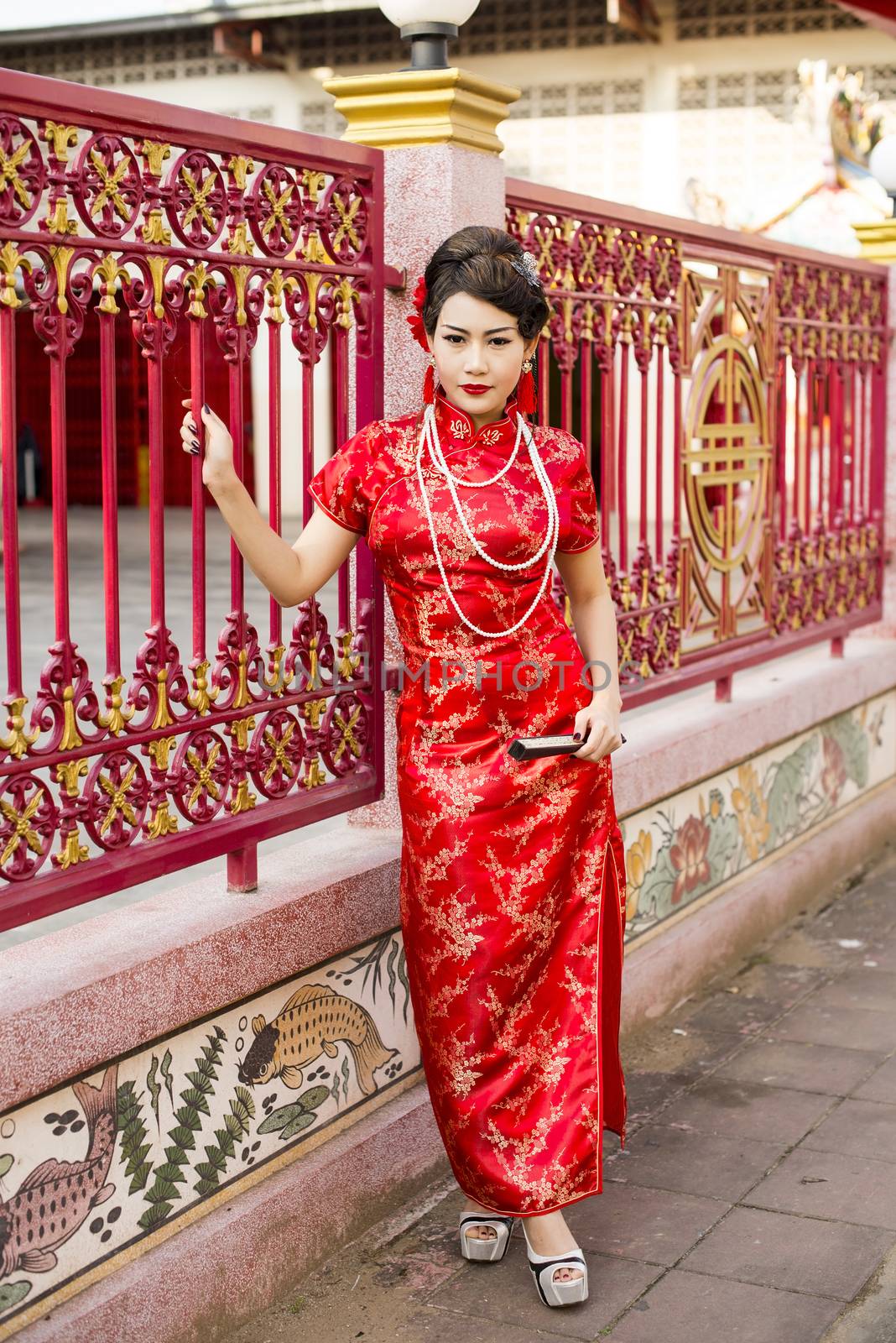 Chinese woman red dress traditional cheongsam  by Yuri2012