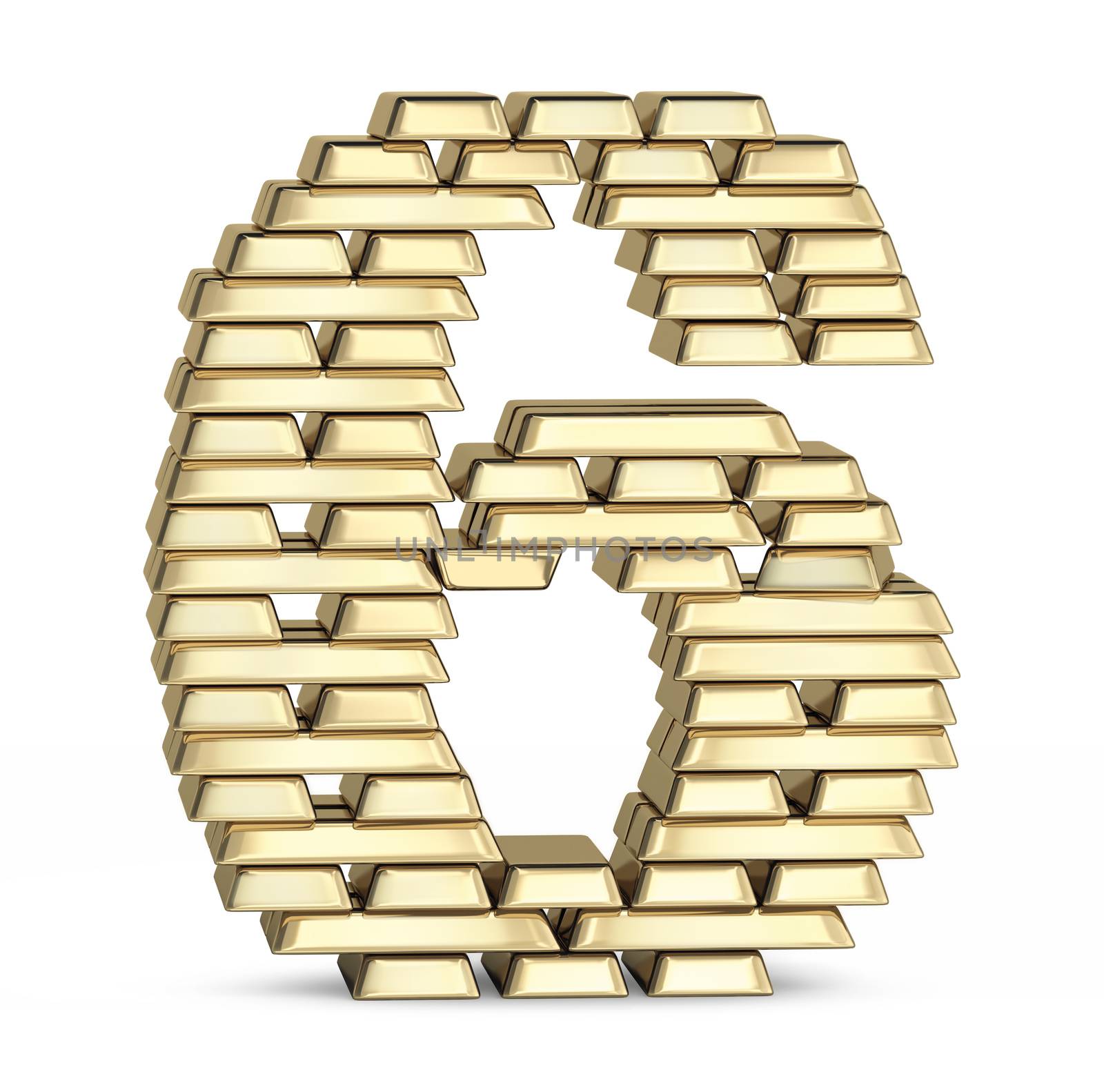 Number 6 from stacked gold bars on white background