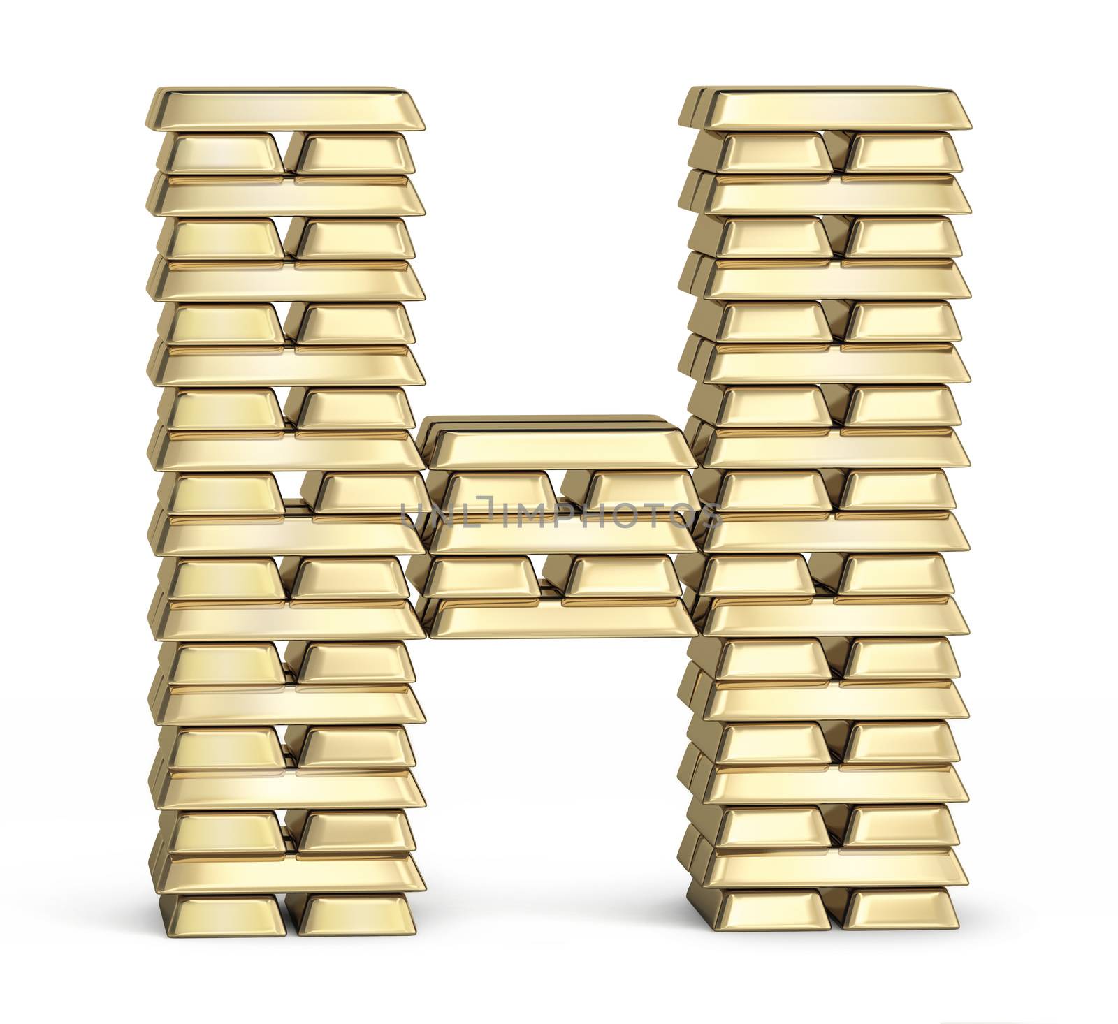 Letter H from stacked gold bars on white background