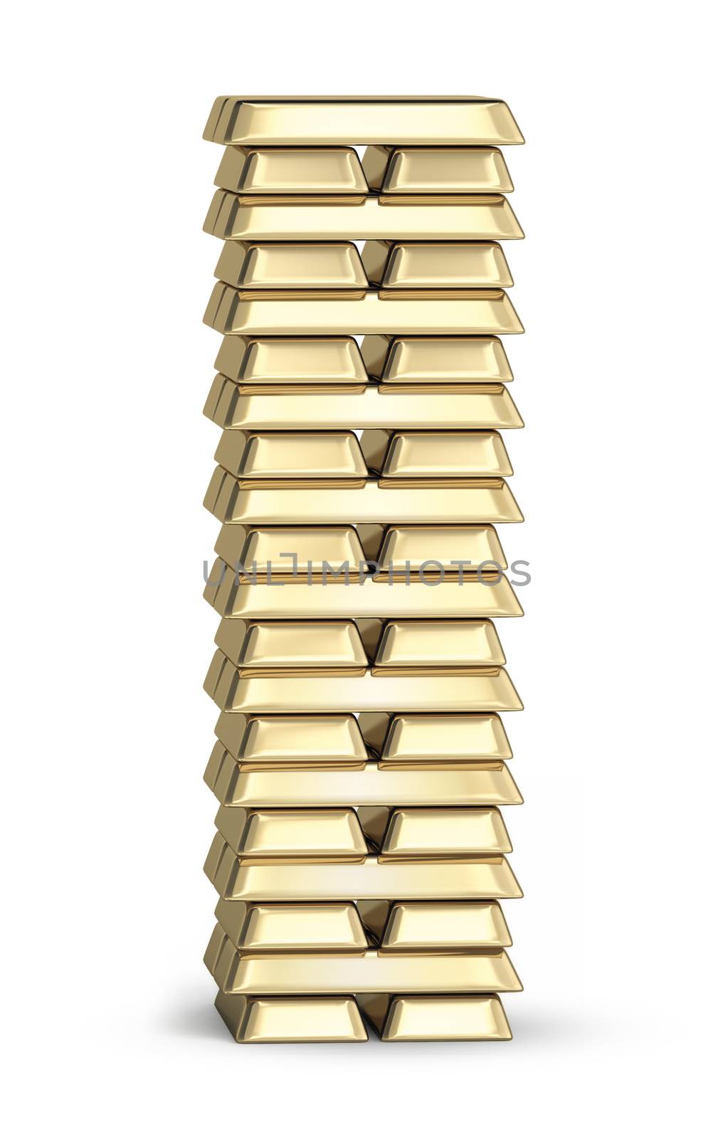 Letter I from stacked gold bars on white background