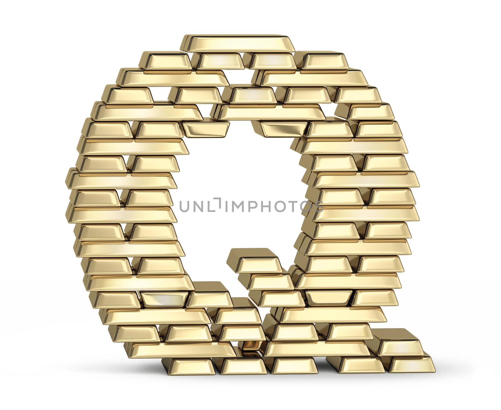 Letter Q from stacked gold bars on white background