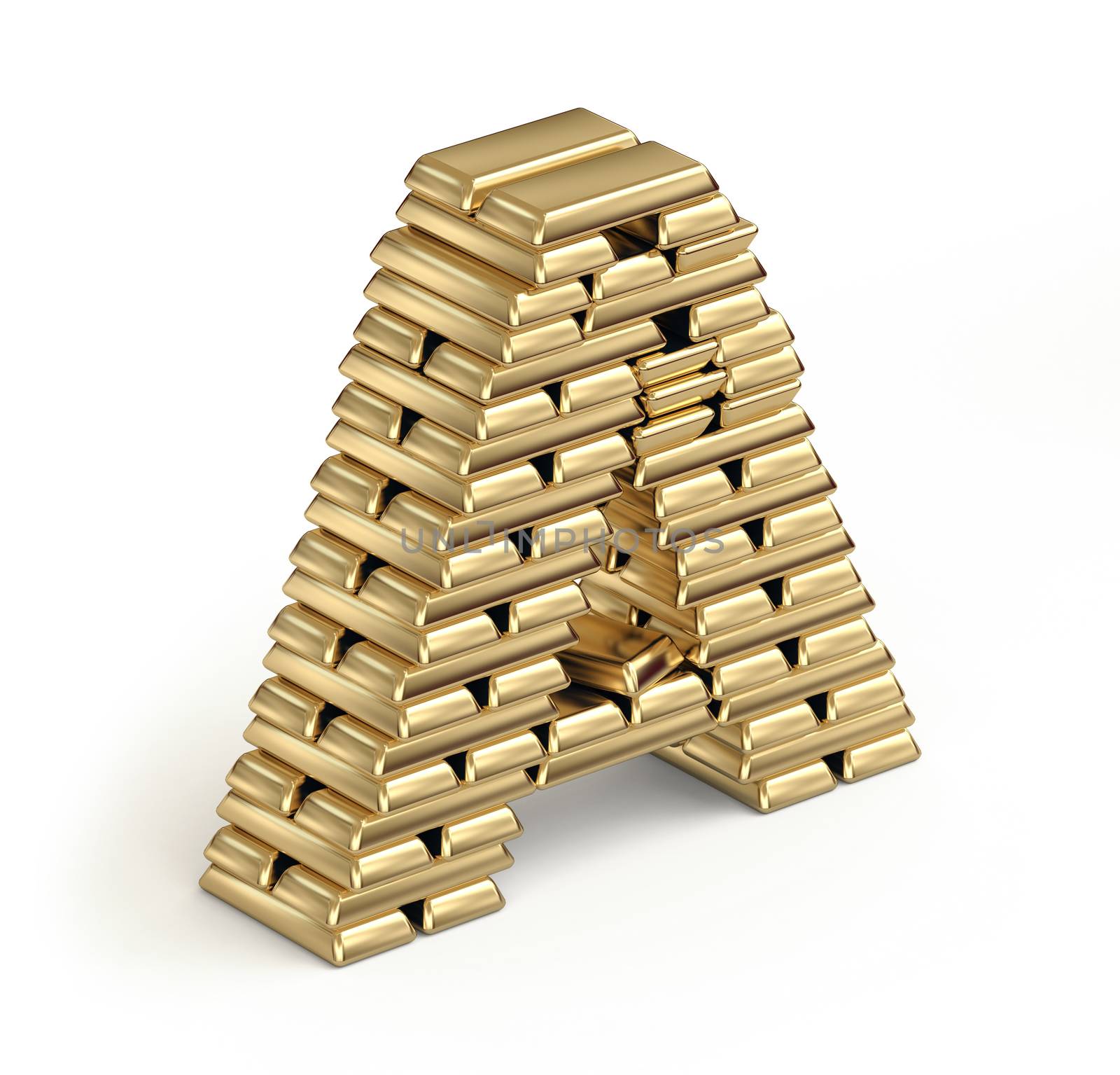 Letter A from stacked gold bars 3d in isometric on white background