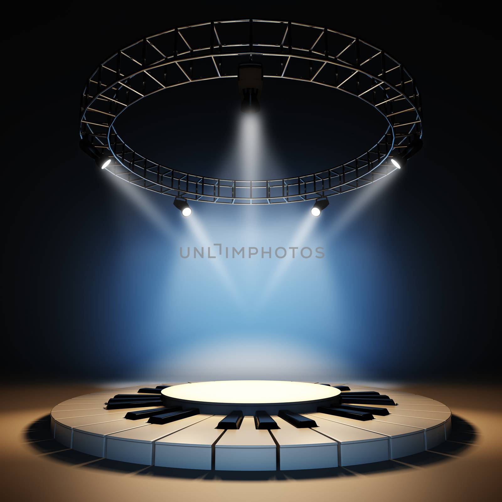 A 3d illustration of blank template layout of empty jazz music stage. Stage illuminated by spotlights at blue background. Stage empty to place your text, logo or object.