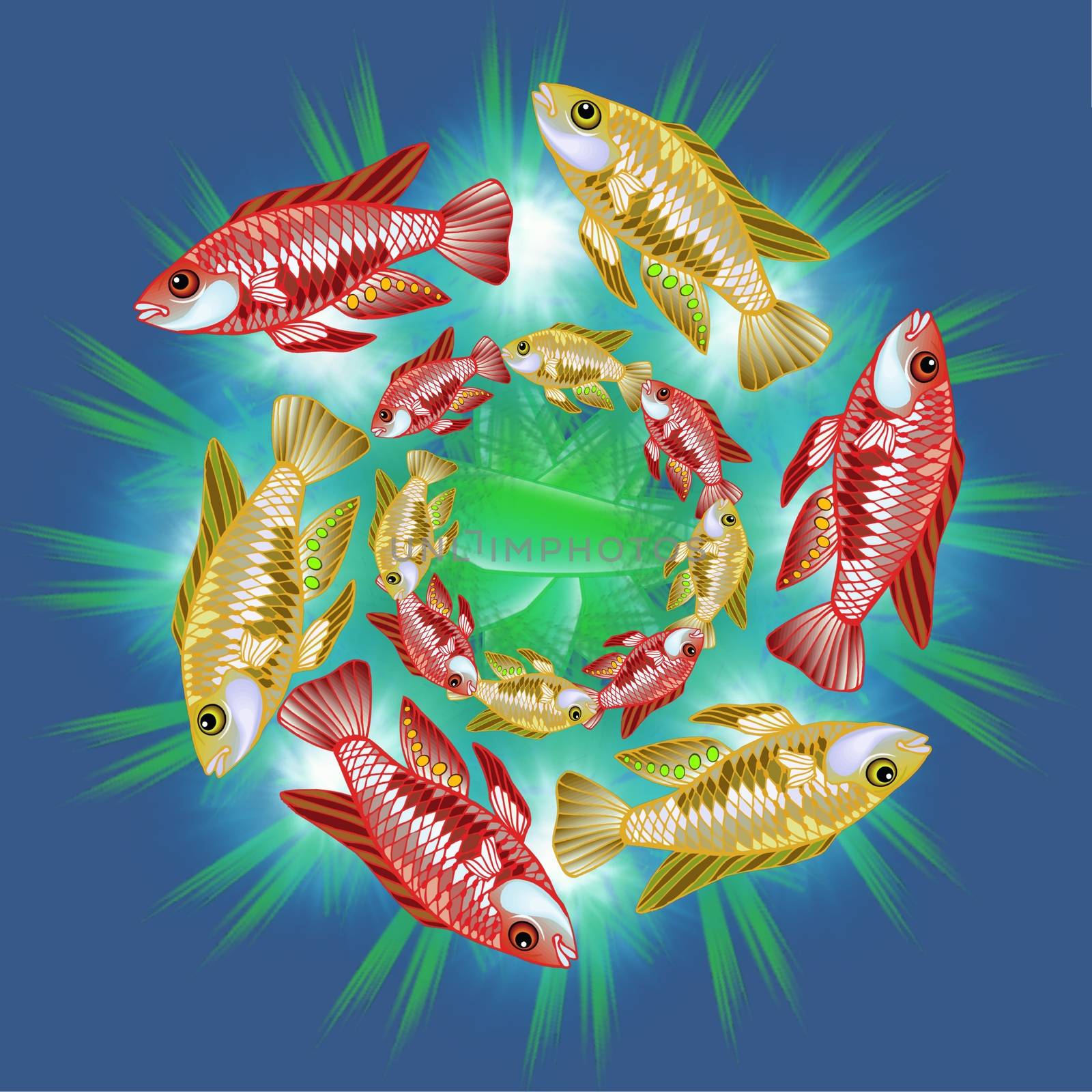 Digital computer graphic - patterned mandala with a fishes for design.