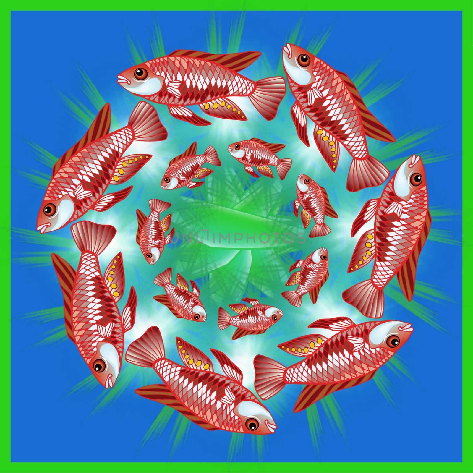 Digital computer graphic - patterned mandala with a fishes for design.