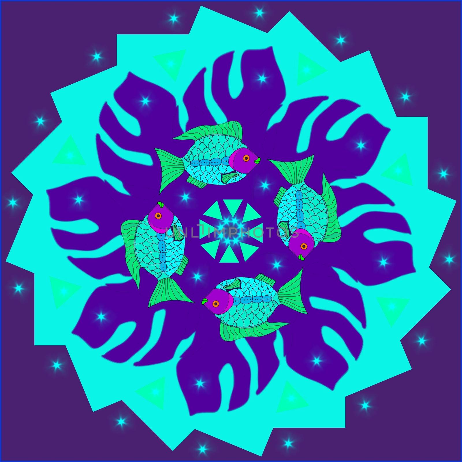 Digital computer graphic - patterned mandala with a fishes for design.