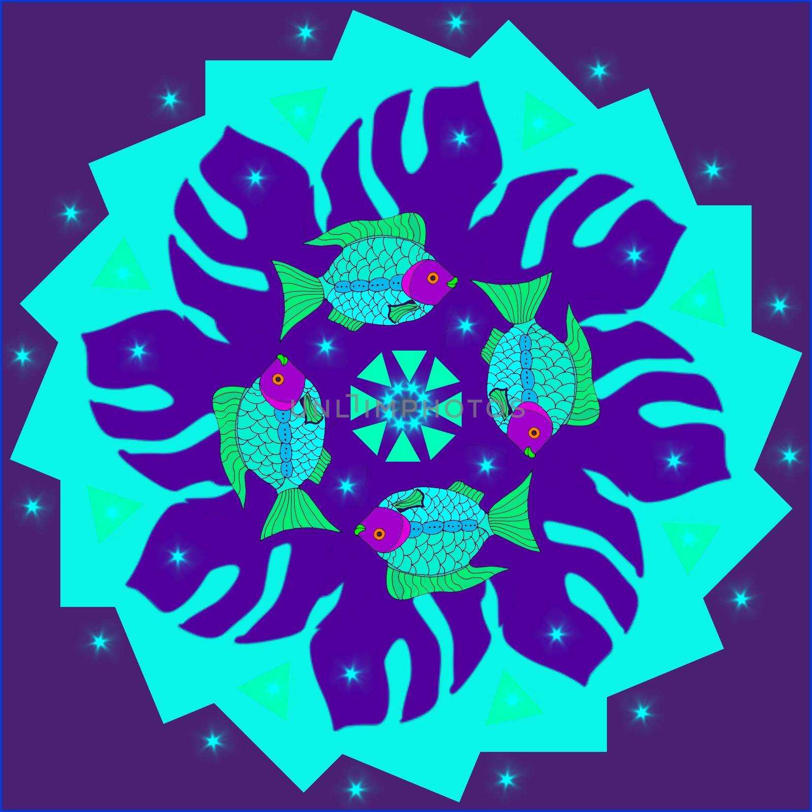 Digital computer graphic - patterned mandala with a fishes for design.