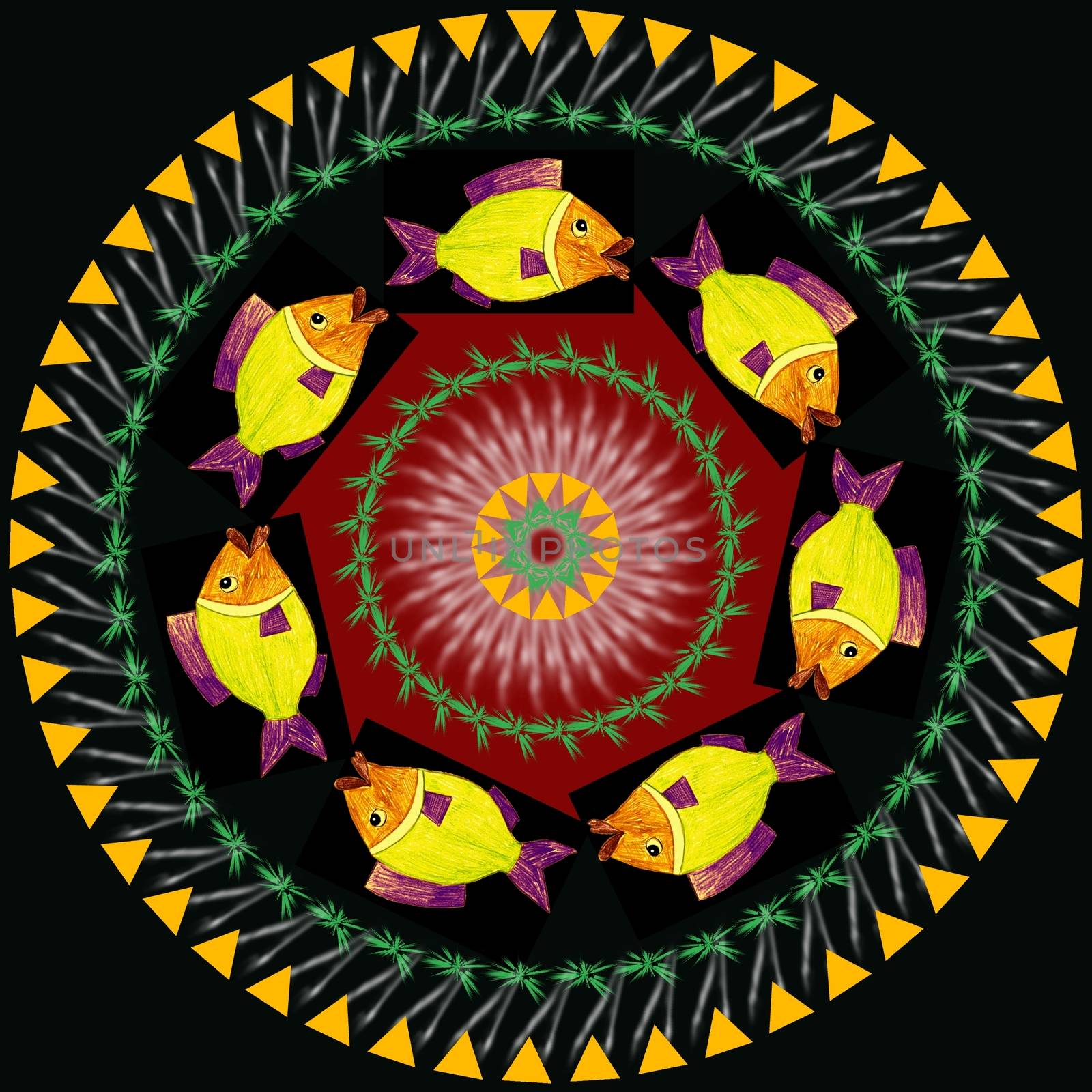 Digital computer graphic - patterned mandala with a fishes for design.