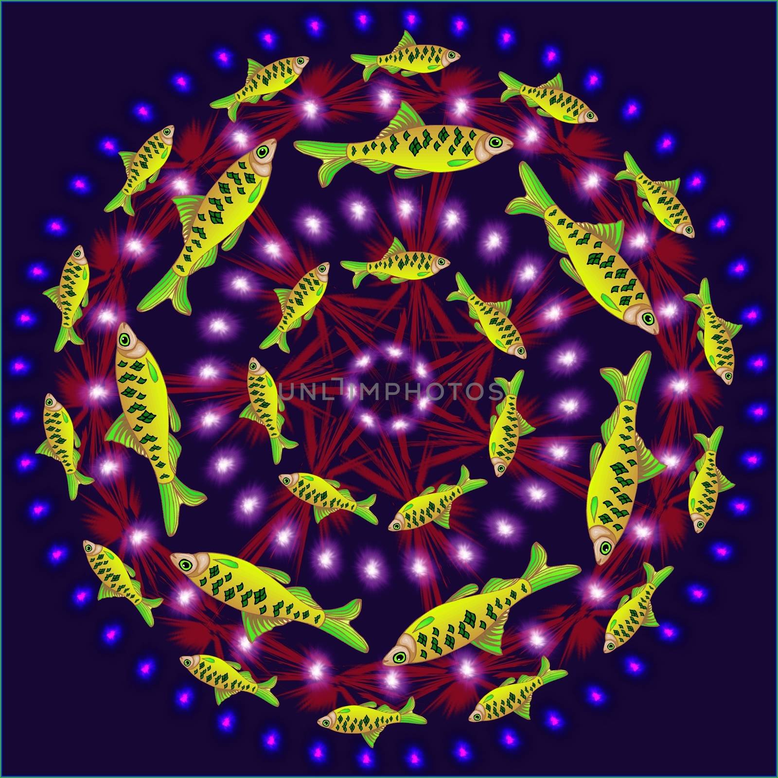 Digital computer graphic - patterned mandala with a fishes for design.