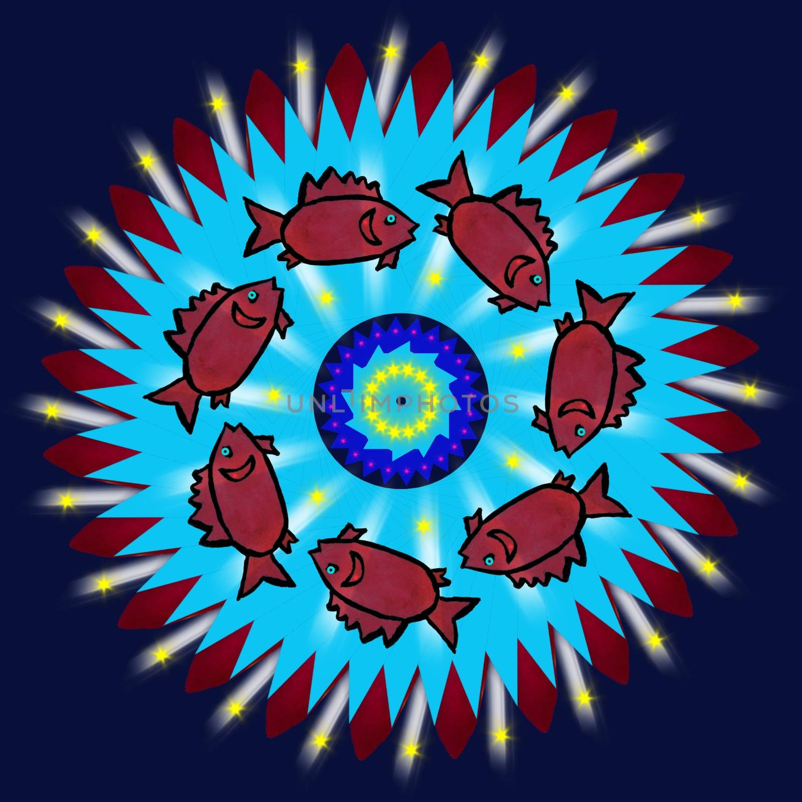 Digital computer graphic - patterned mandala with a fishes for design.