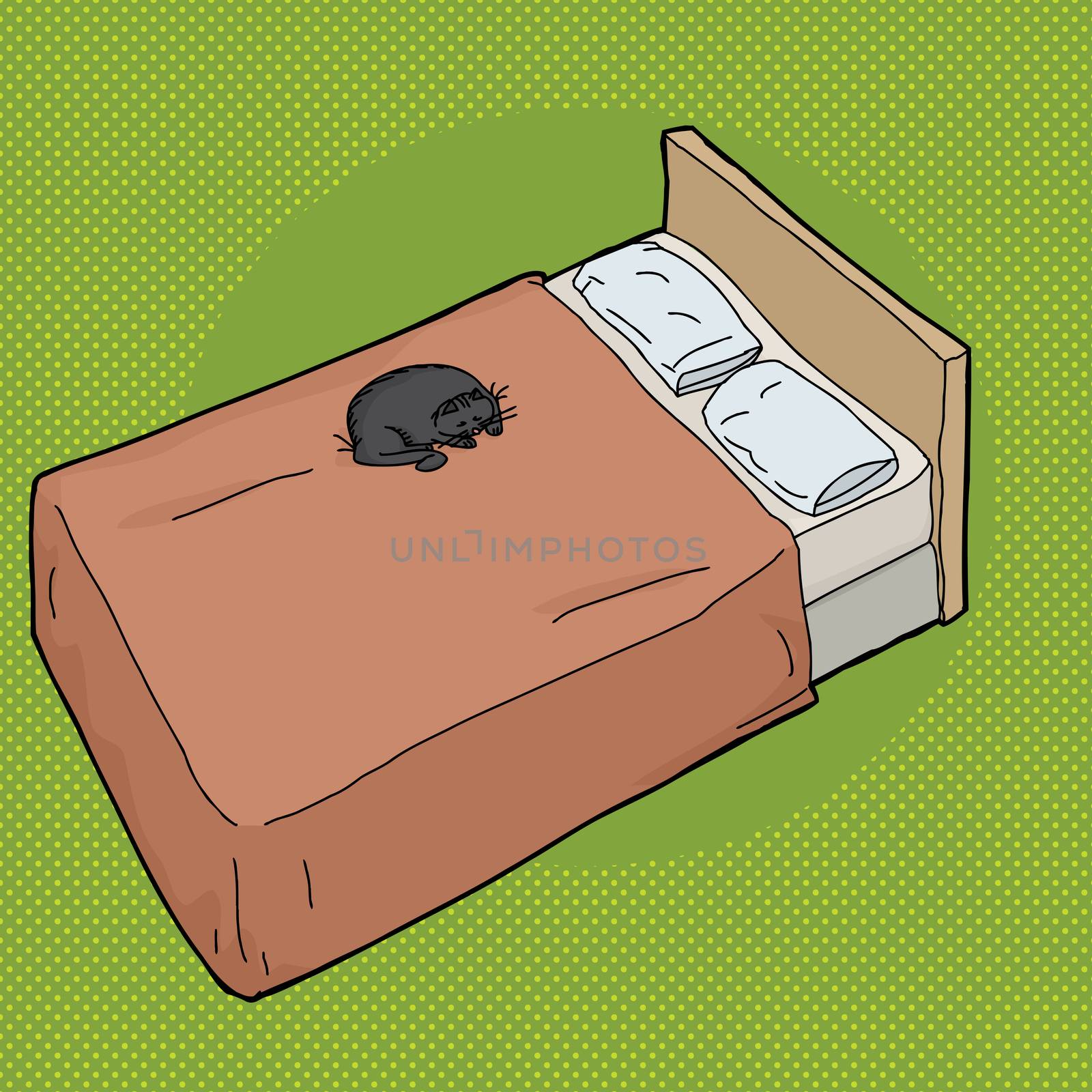 Cartoon of sleeping black cat on bed with pillows