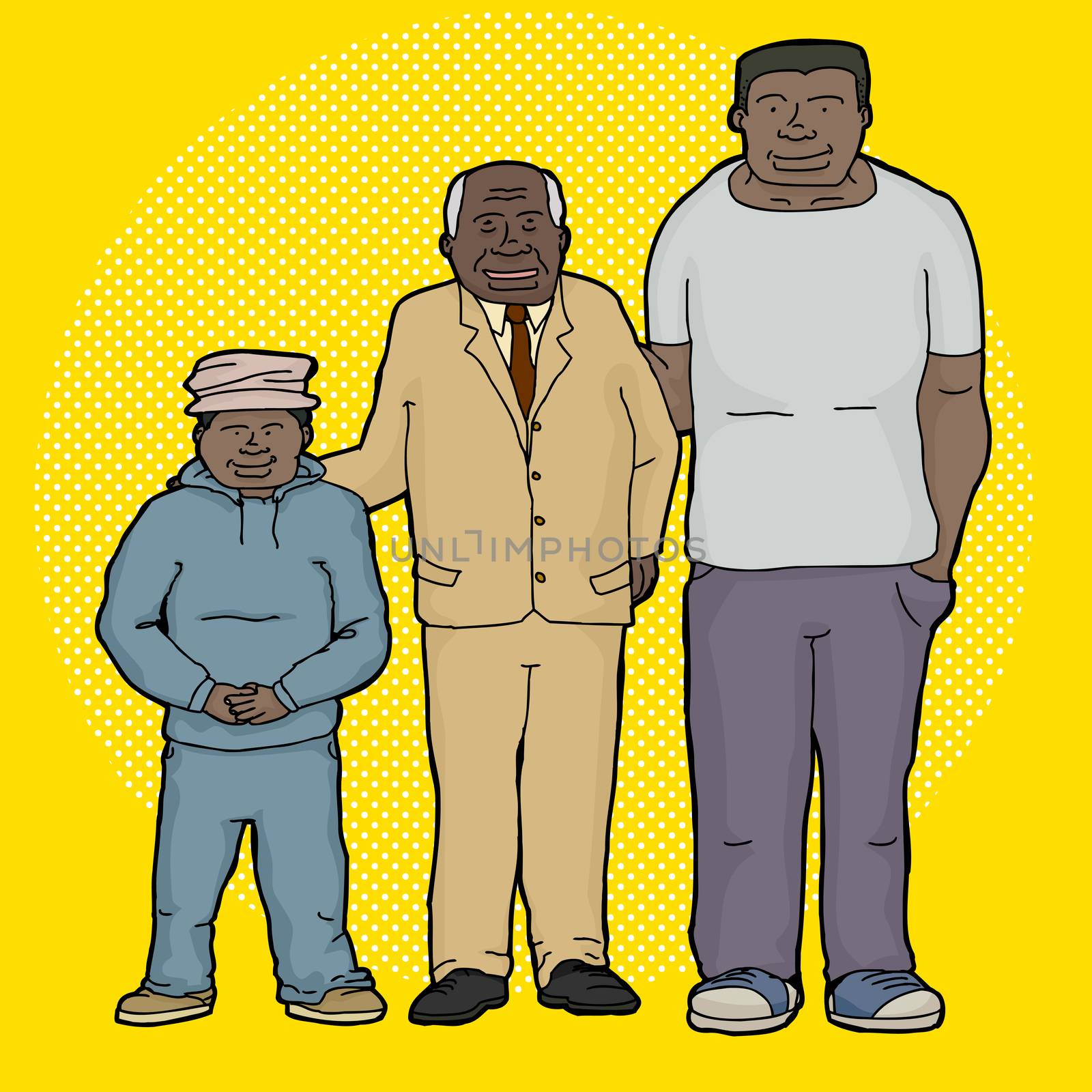 Three generations of family cartoon over yellow background