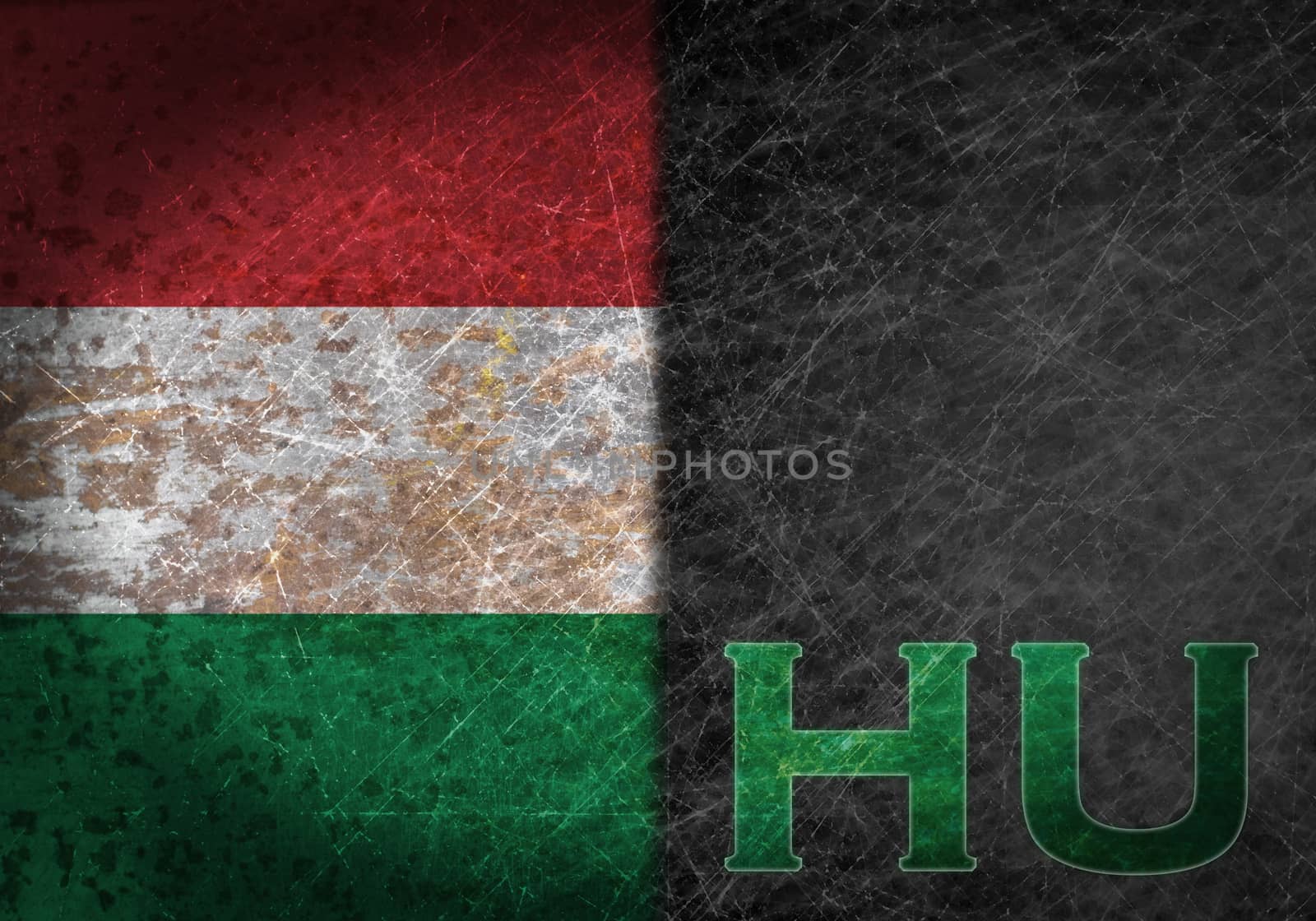 Old rusty metal sign with a flag and country abbreviation - Hungary