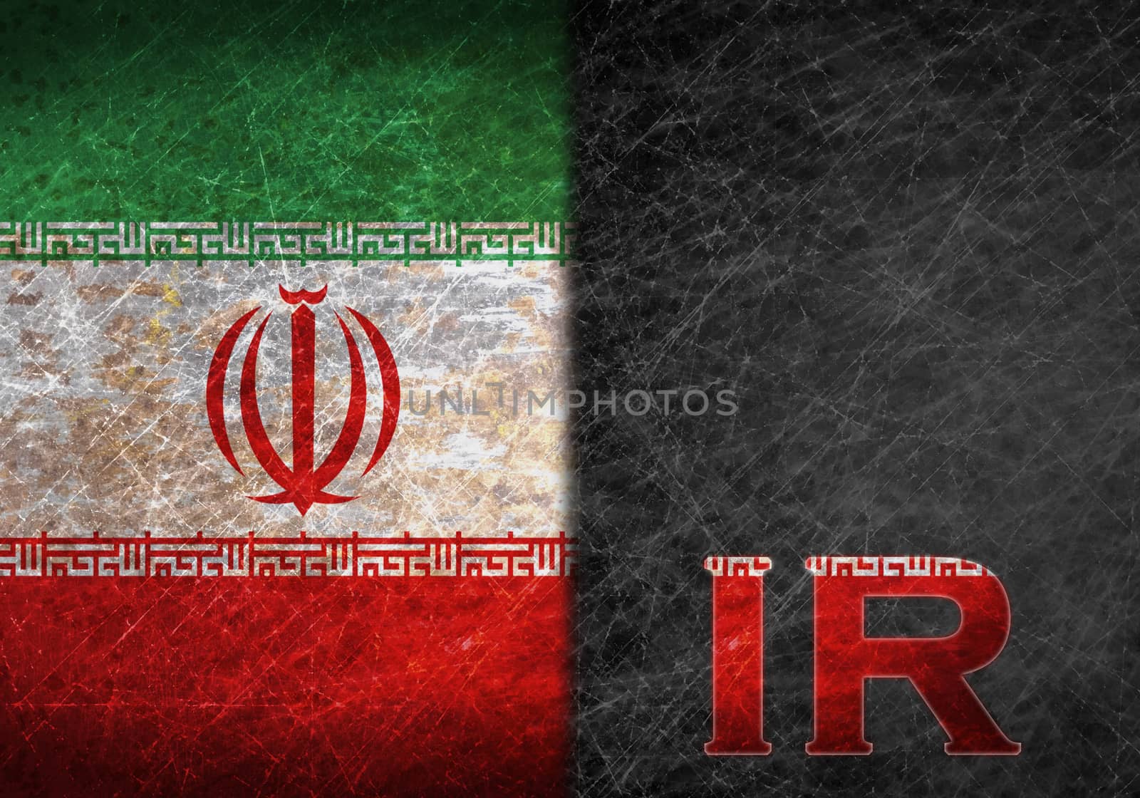 Old rusty metal sign with a flag and country abbreviation - Iran