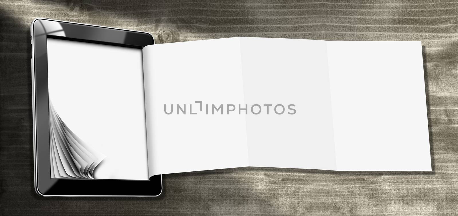 Black tablet computer with blank and folded pages on wooden background. Template for a modern and creative flyer
