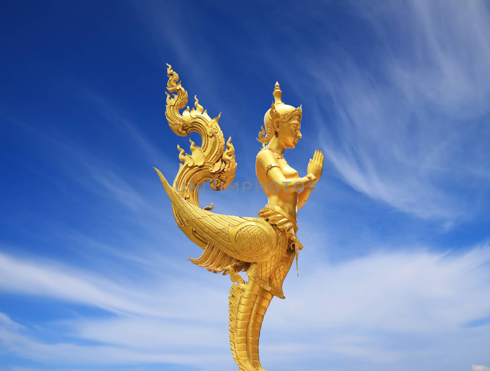 Sawasdee Golden Kinnari Statue with blue sky at Chainat Bird Park, Thailand on July 2014 