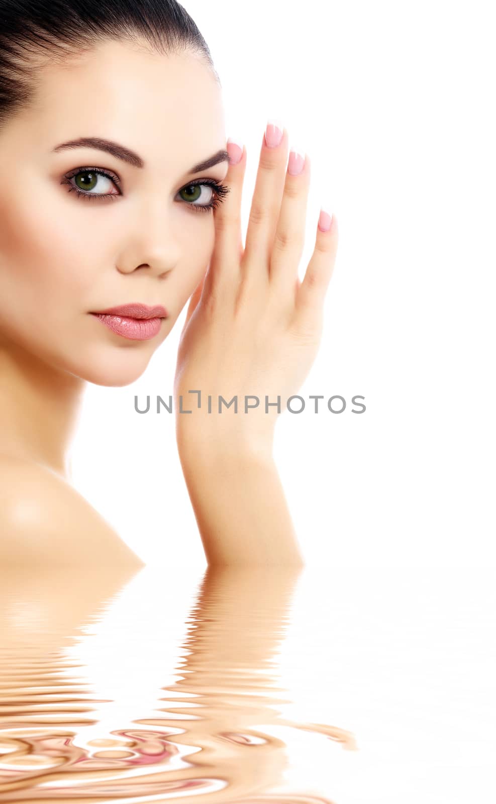 Pretty female against a white background, isolated, copyspace