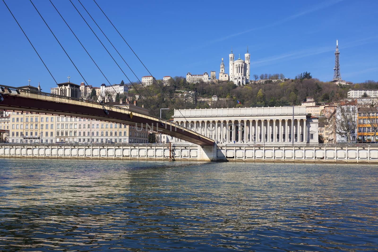 Horizontal view of Saone river at Lyon, France