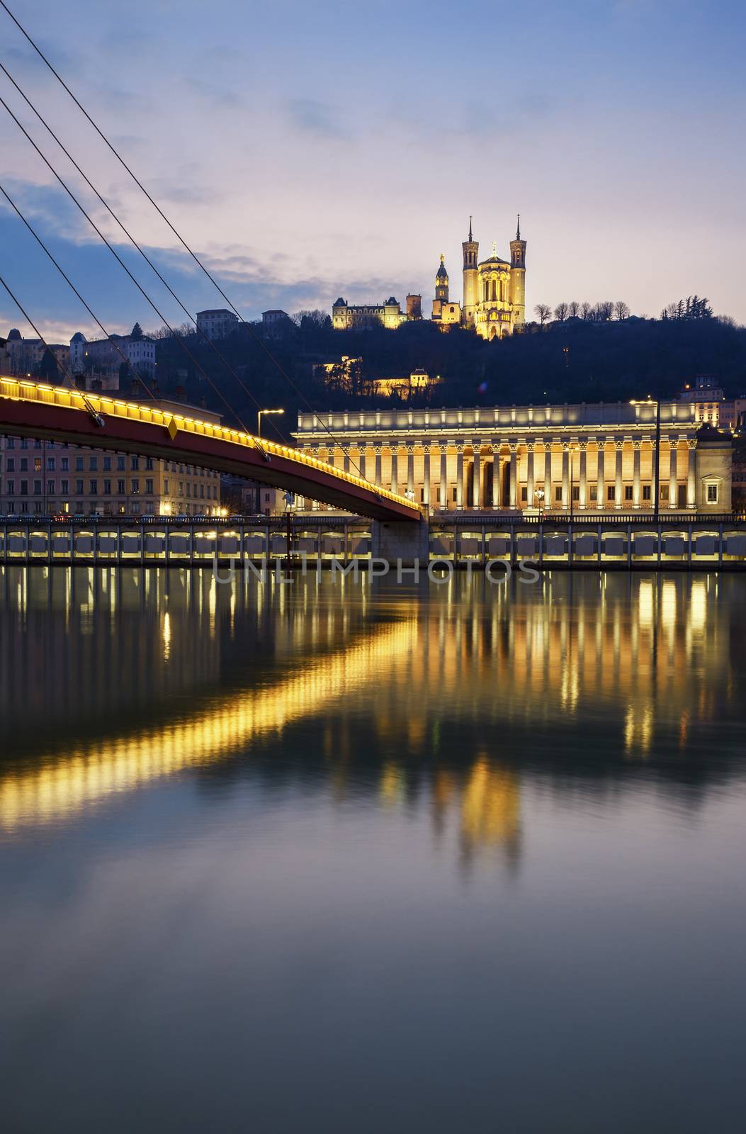 Vertical view of Saone river at Lyon by night, France