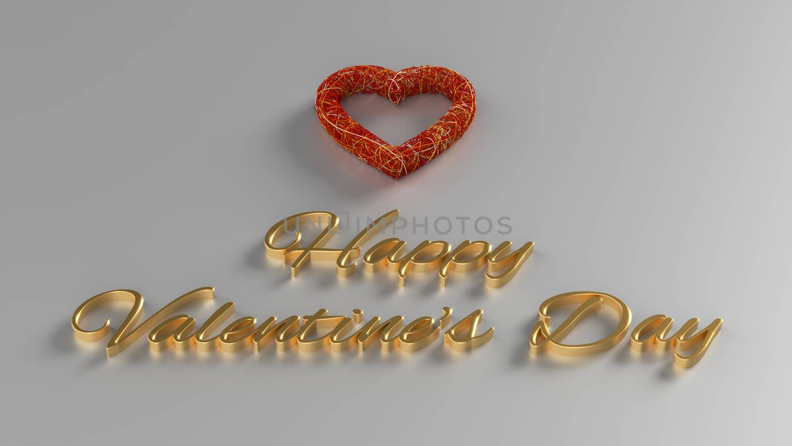 Happy Valentines Day 3D Render with gold text and red heart