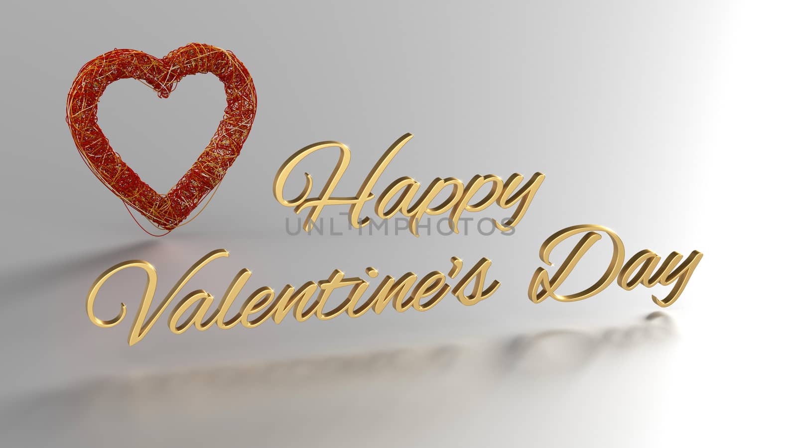 Happy Valentines Day 3D Render with gold text and red heart at background