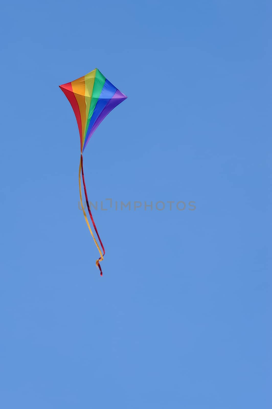 rainbow kite flying in a clear blue sky