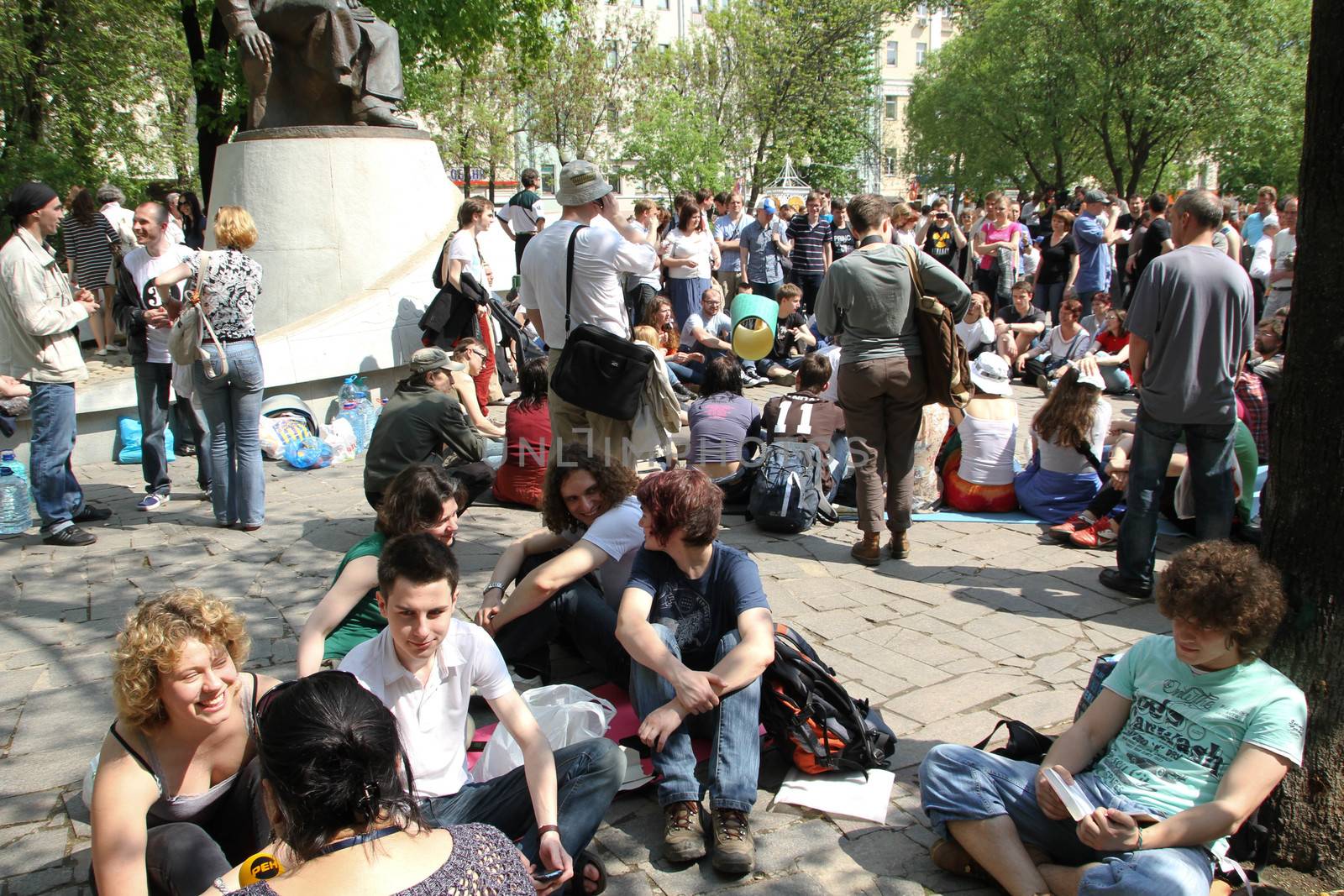 Moscow, Russia - May 8, 2012. Protesting against violations on elections the opposition occupied the square tease a monument to the poet to Abay, this movement received the name of Okkupay Abay