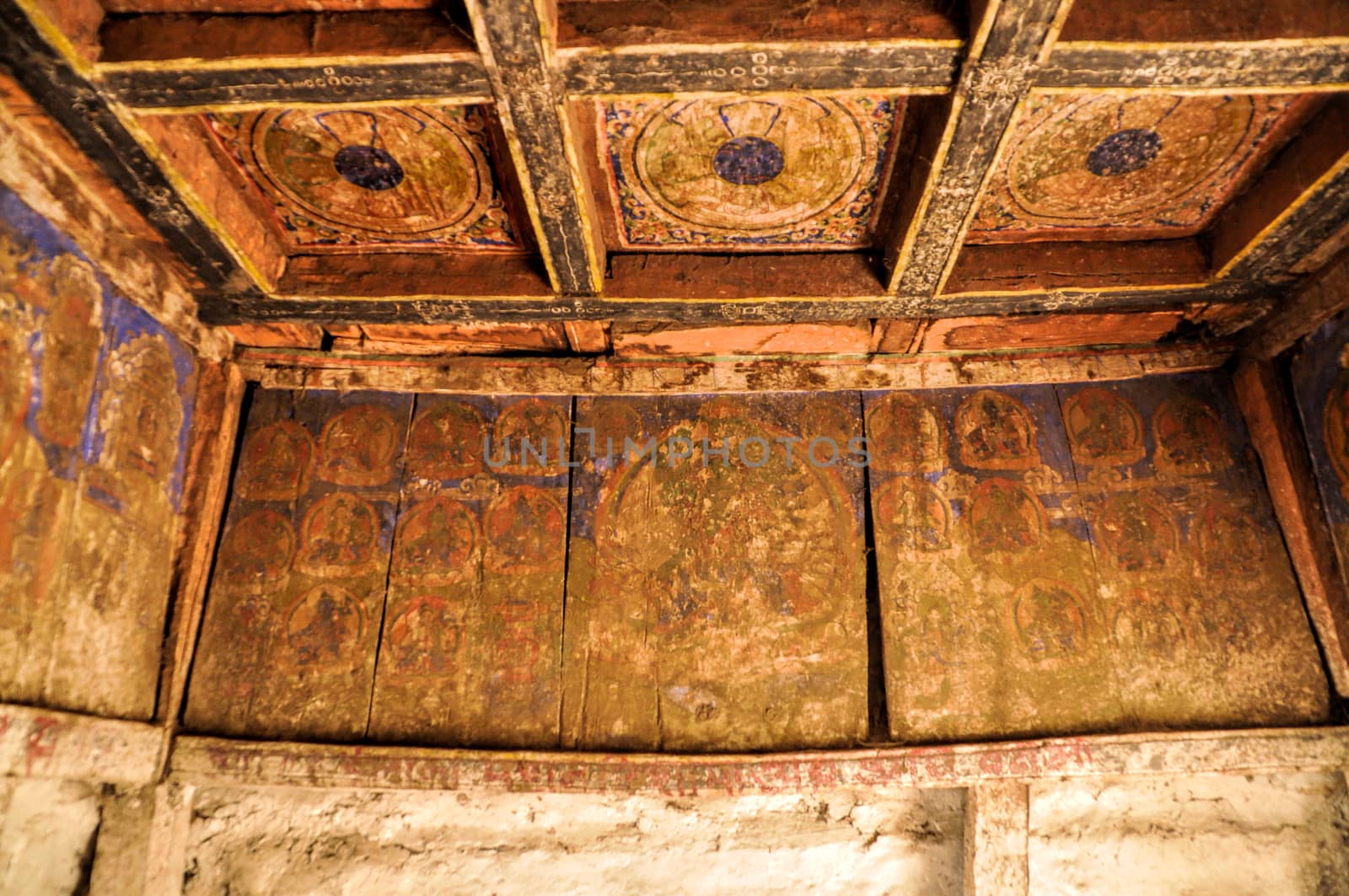 Decorated ceiling in an old nepalese house in himalayas