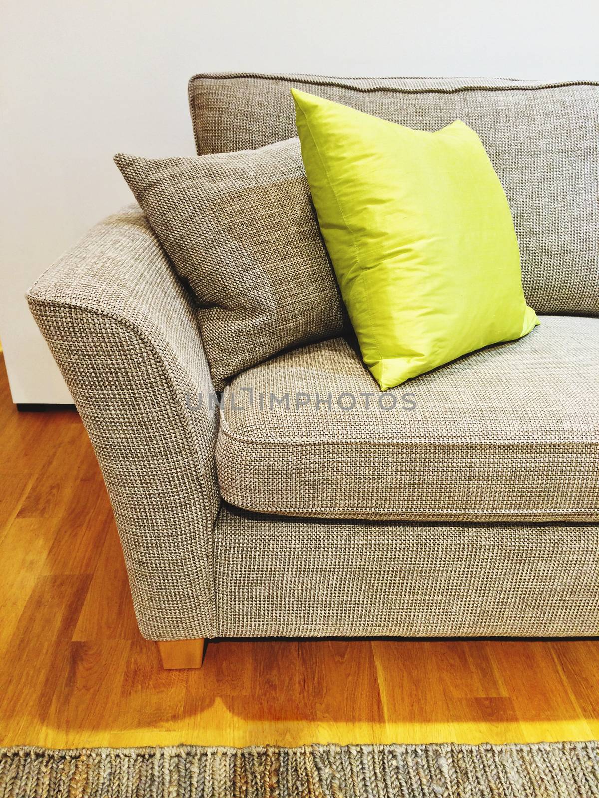 Gray sofa with cushions in the living room. Modern furniture.