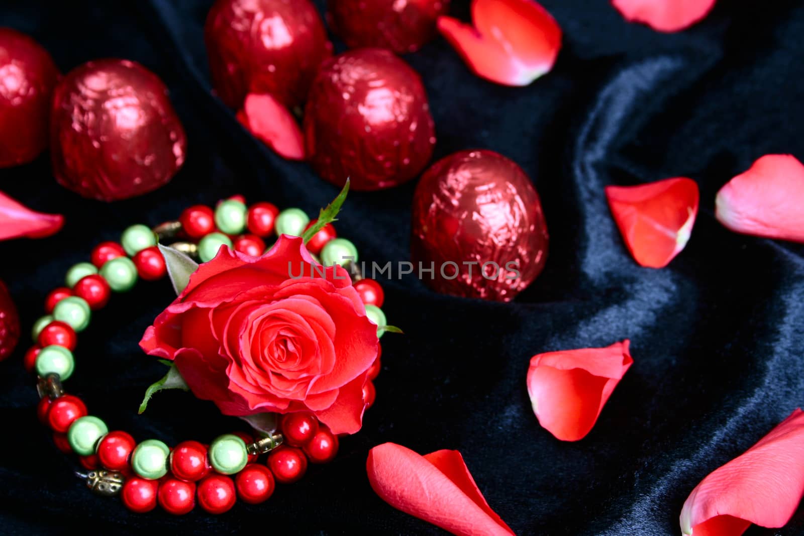 Valetine day rose with chocolates and gems