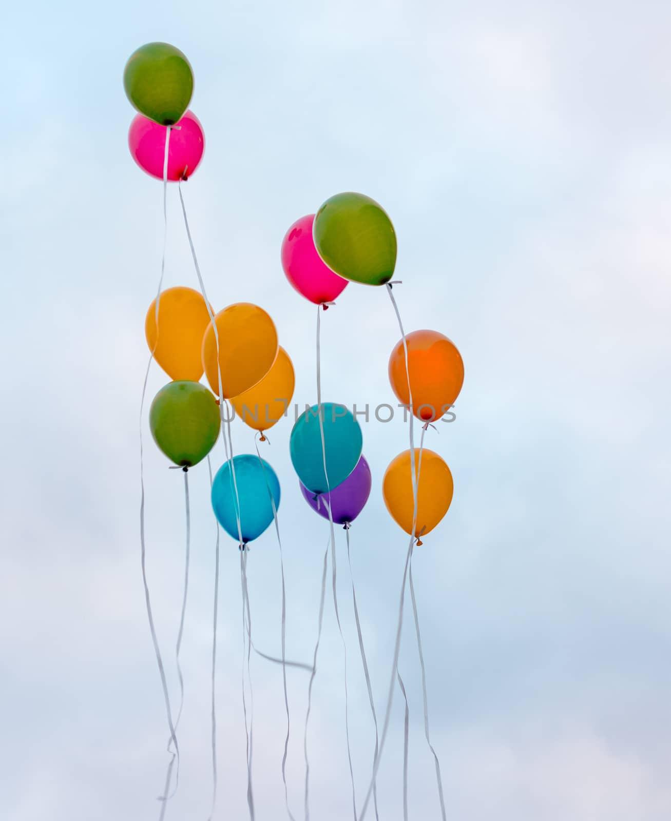 Colourful balloons flying in the sky.