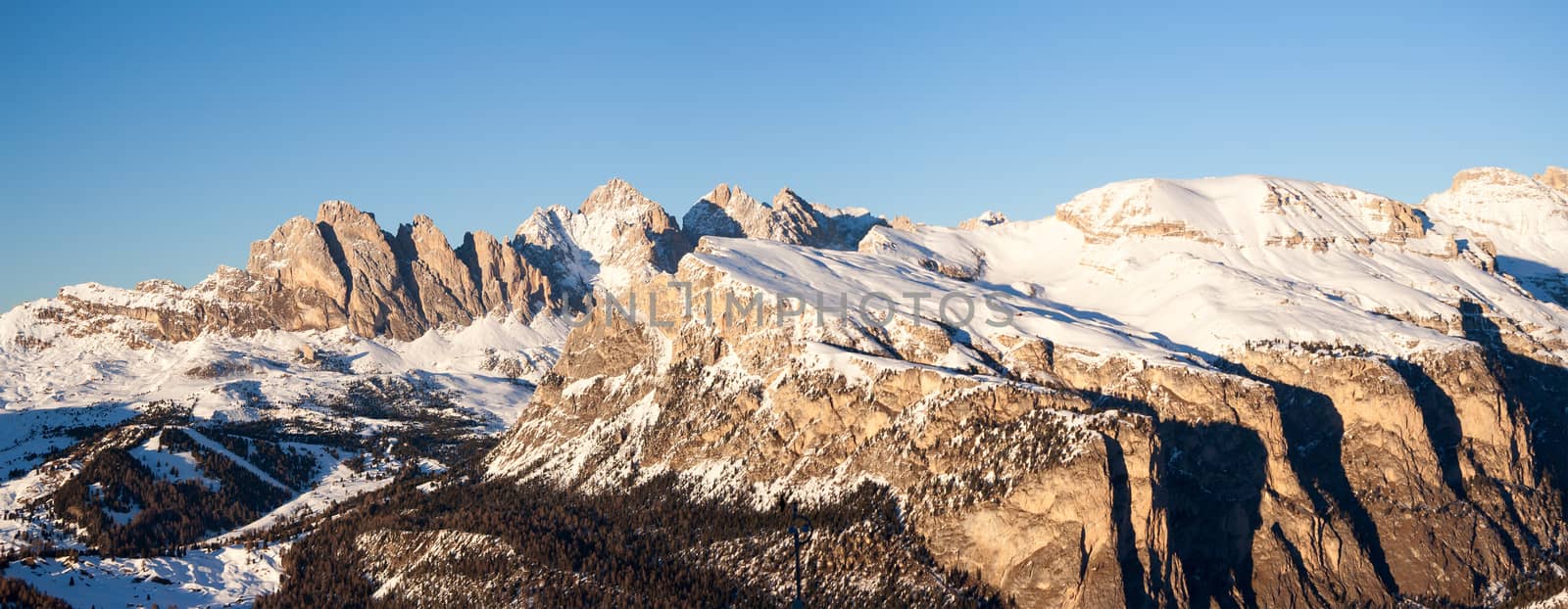 Dolomites winter panorama at the sunset (Alps, Italy)