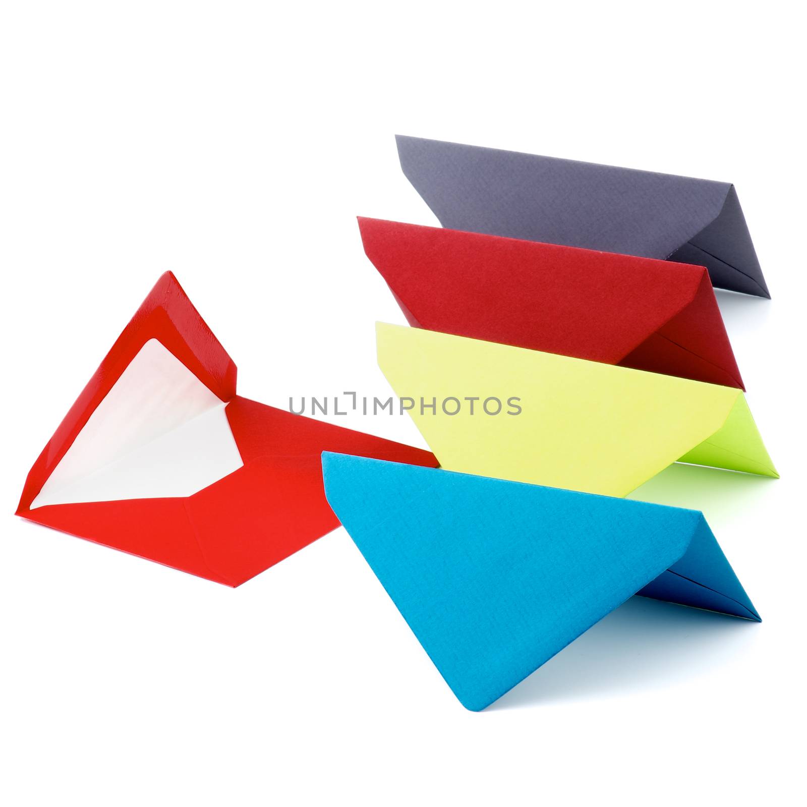 Arrangement of Red Envelope and Colored Paper Envelopes In a Row isolated on white background