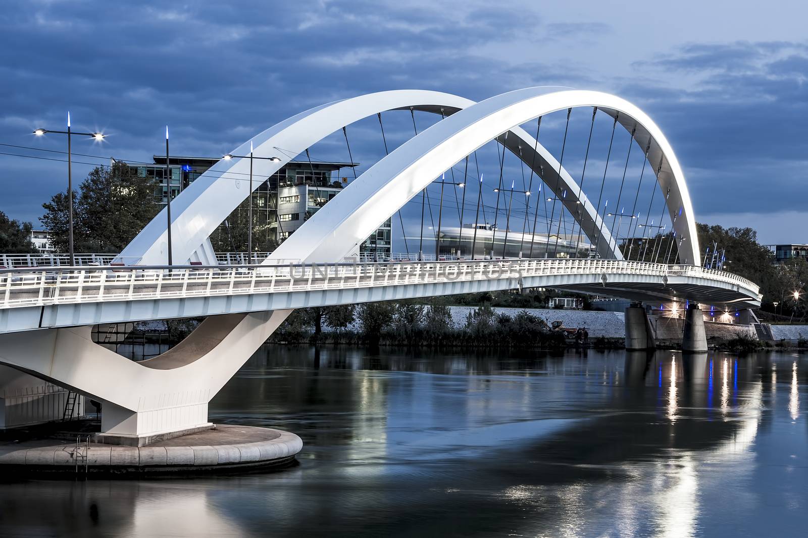 Horizontal view of Lyon city near confluence district with Rhone river, France 