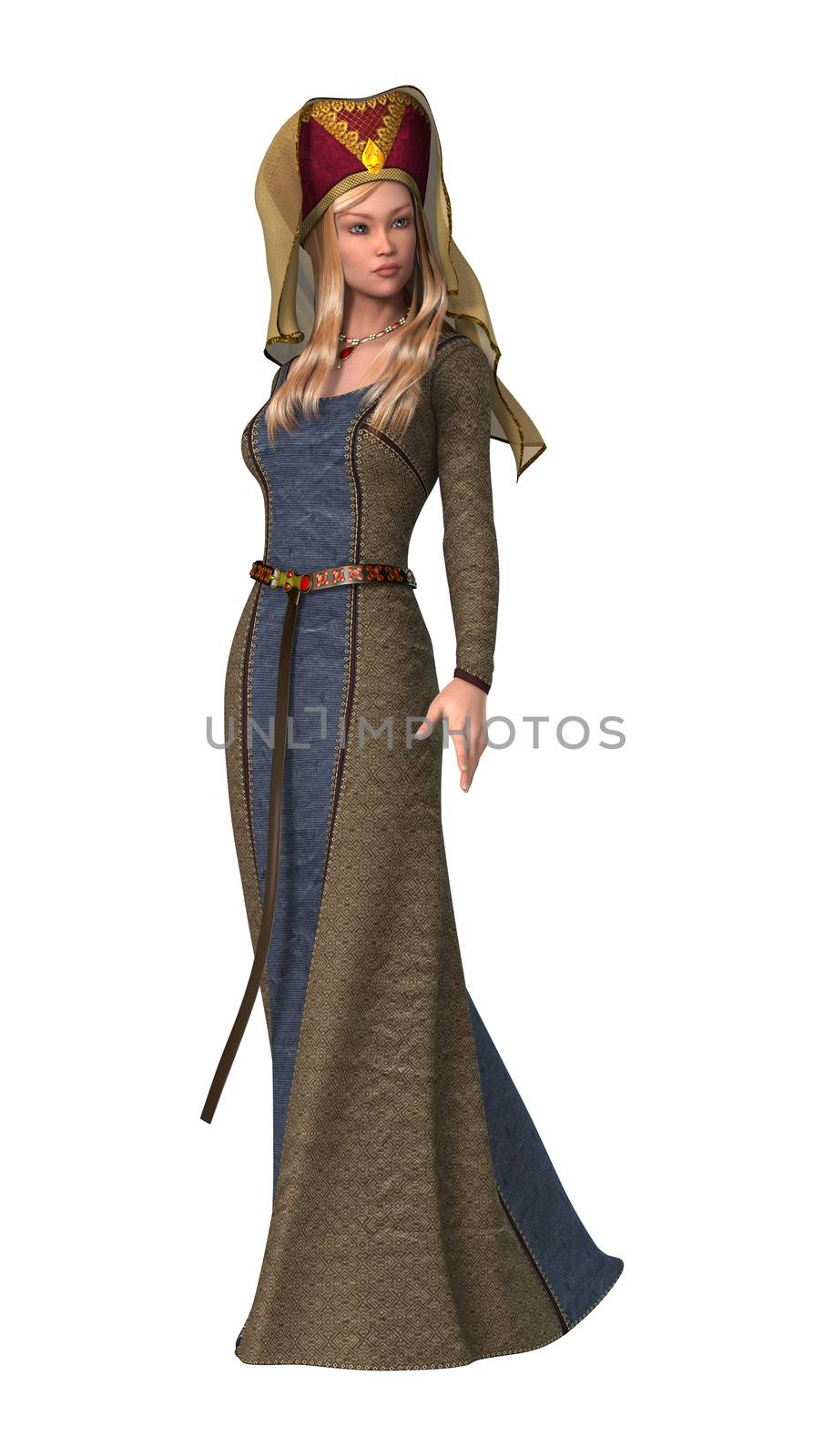 3D digital render of a beautiful blond medieval lady isolated on white background