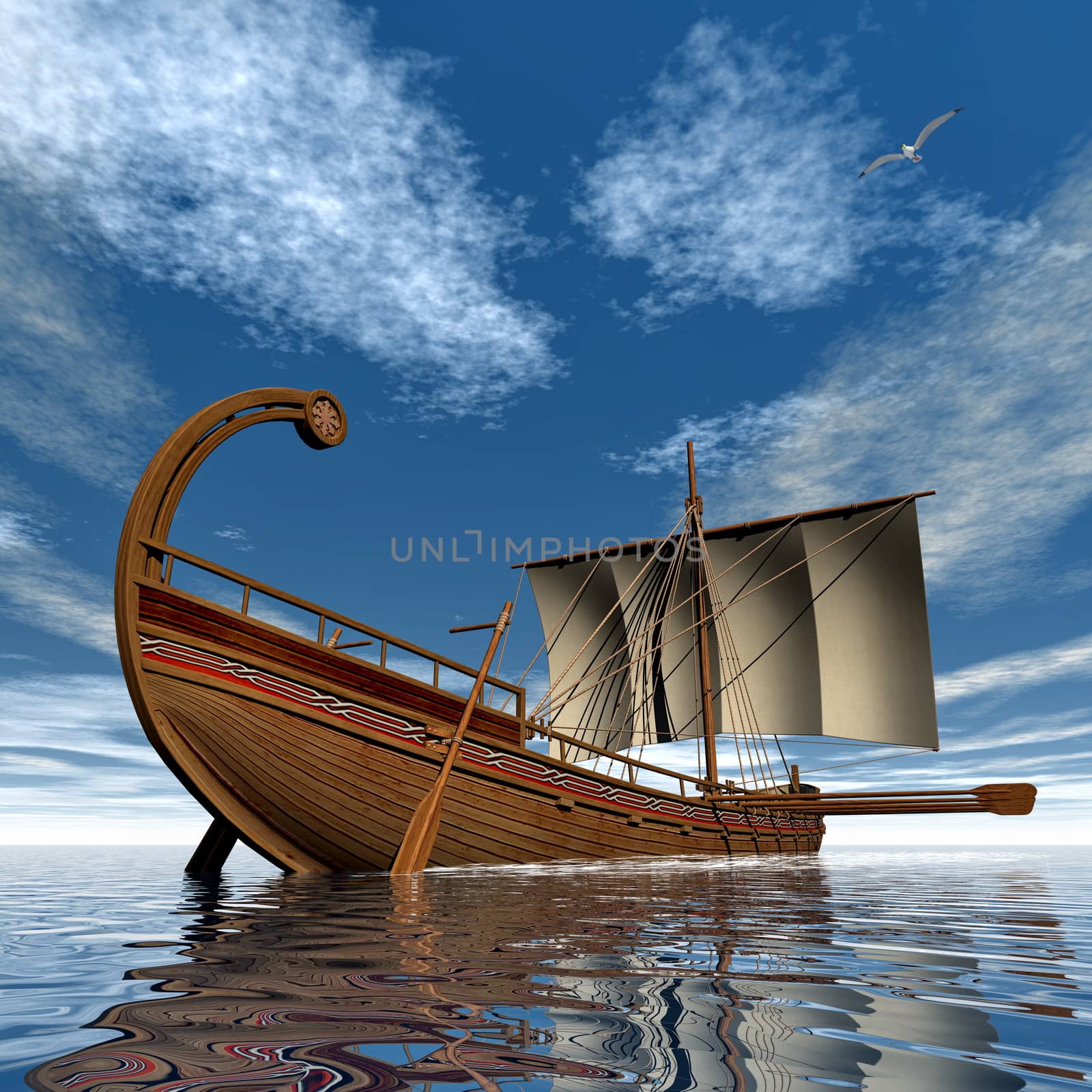 Ancient greek sailboat floating on the ocean by day -3D render