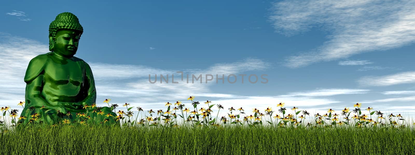 One green buddha sitting on the grass with flower by day - 3D render