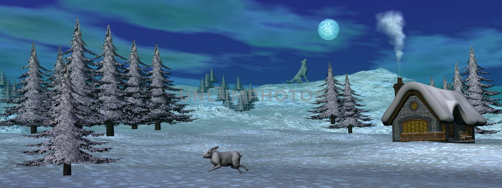 Christmas winter scenic with cottage by snowy night - 3D render