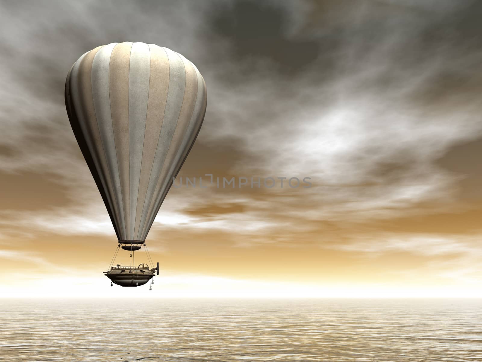 Vintage hot air baloon floating upon the ocean in the cloudy sky by brown sunset - 3D render